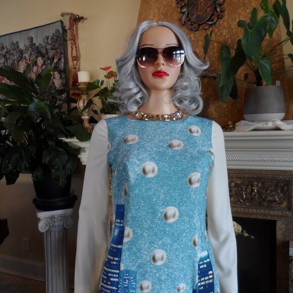 Moschino CheapandChic Ivory/Light Blue City Skyline Print A Line Dress Size 6 - Picture 7 of 16